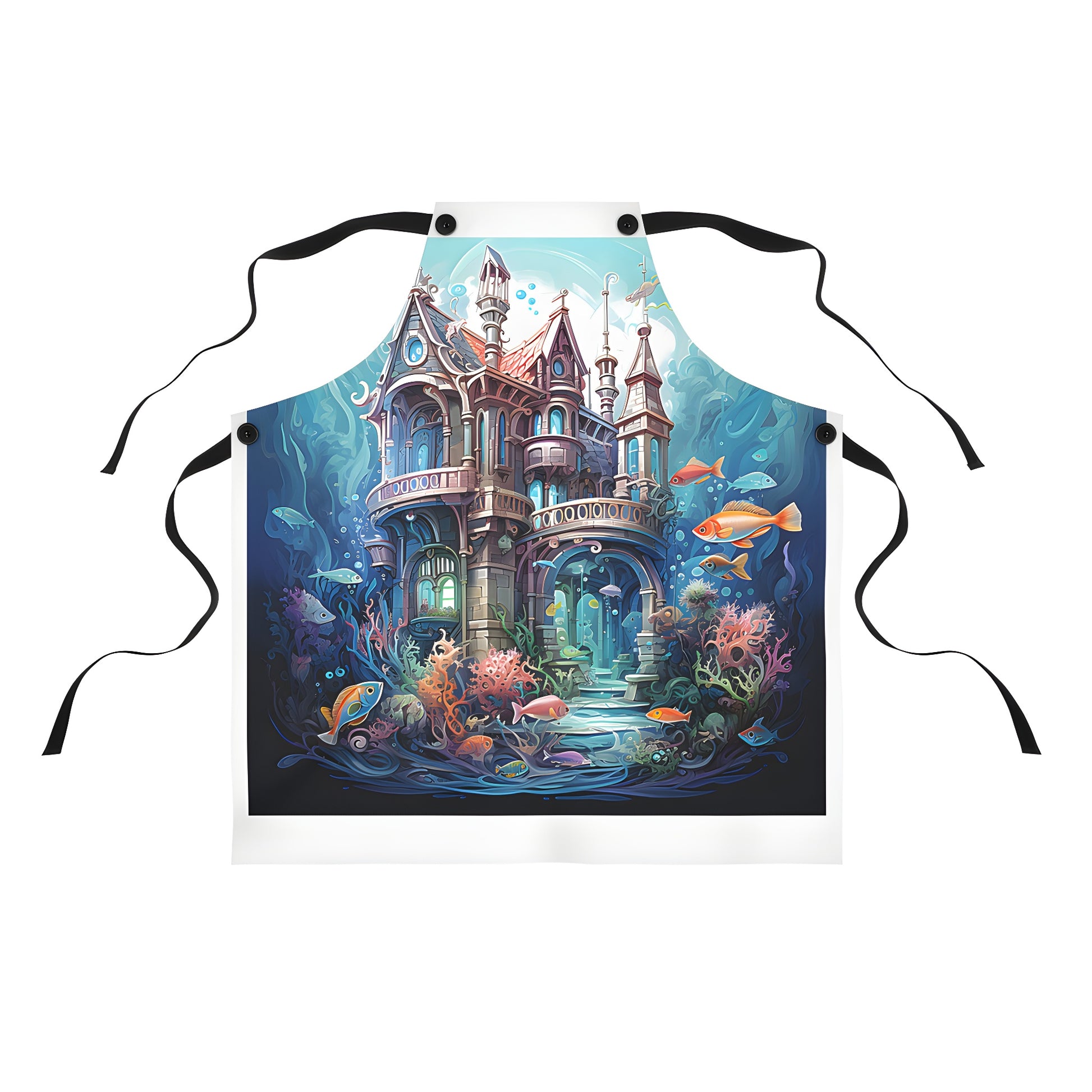 Colorful fantasy apron featuring an underwater castle with ornate architecture