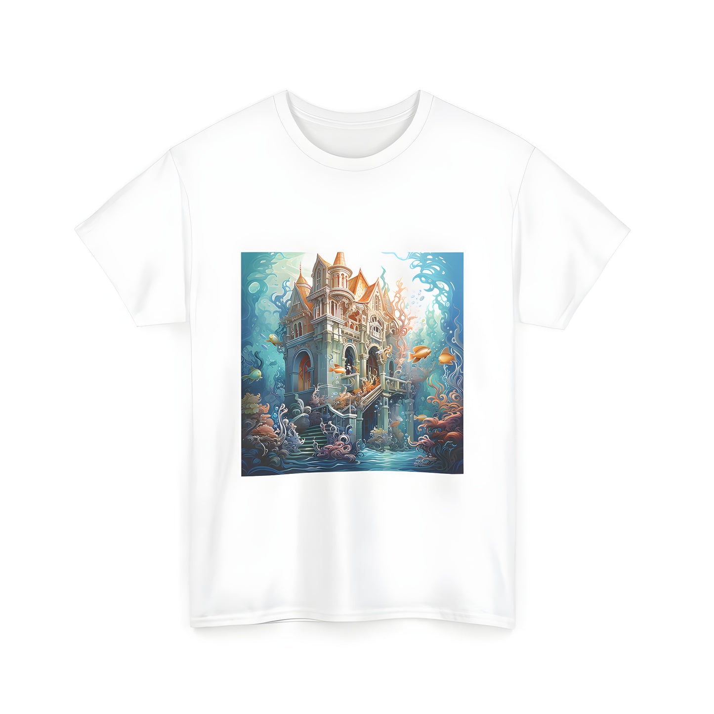 Unisex T-shirt with vibrant castle design, coral reef, fish and magical underwater scene