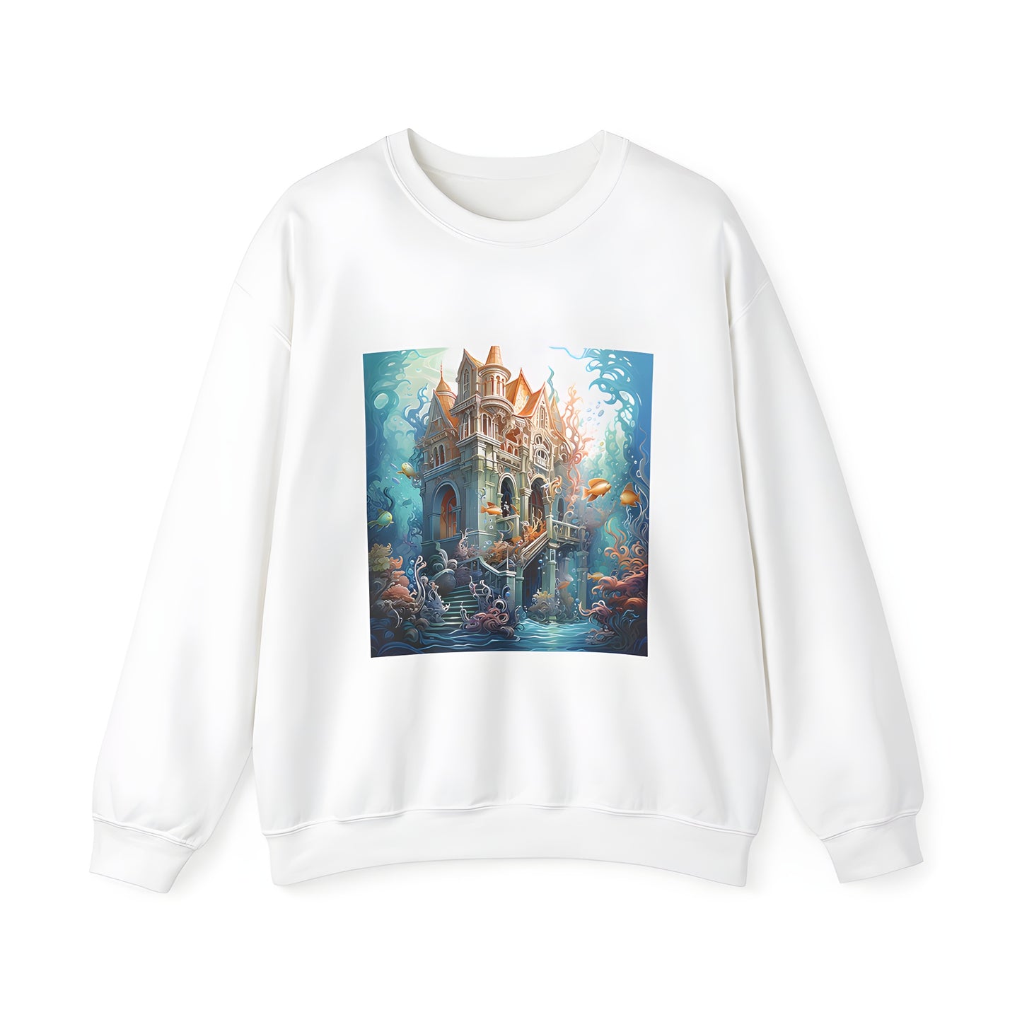 Adult sweatshirt featuring an underwater castle design with vibrant coral and various fish