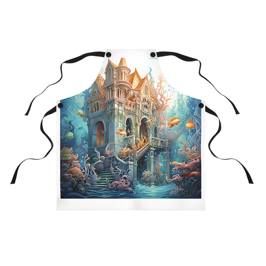 Colorful apron featuring an underwater castle design with vibrant coral and fish