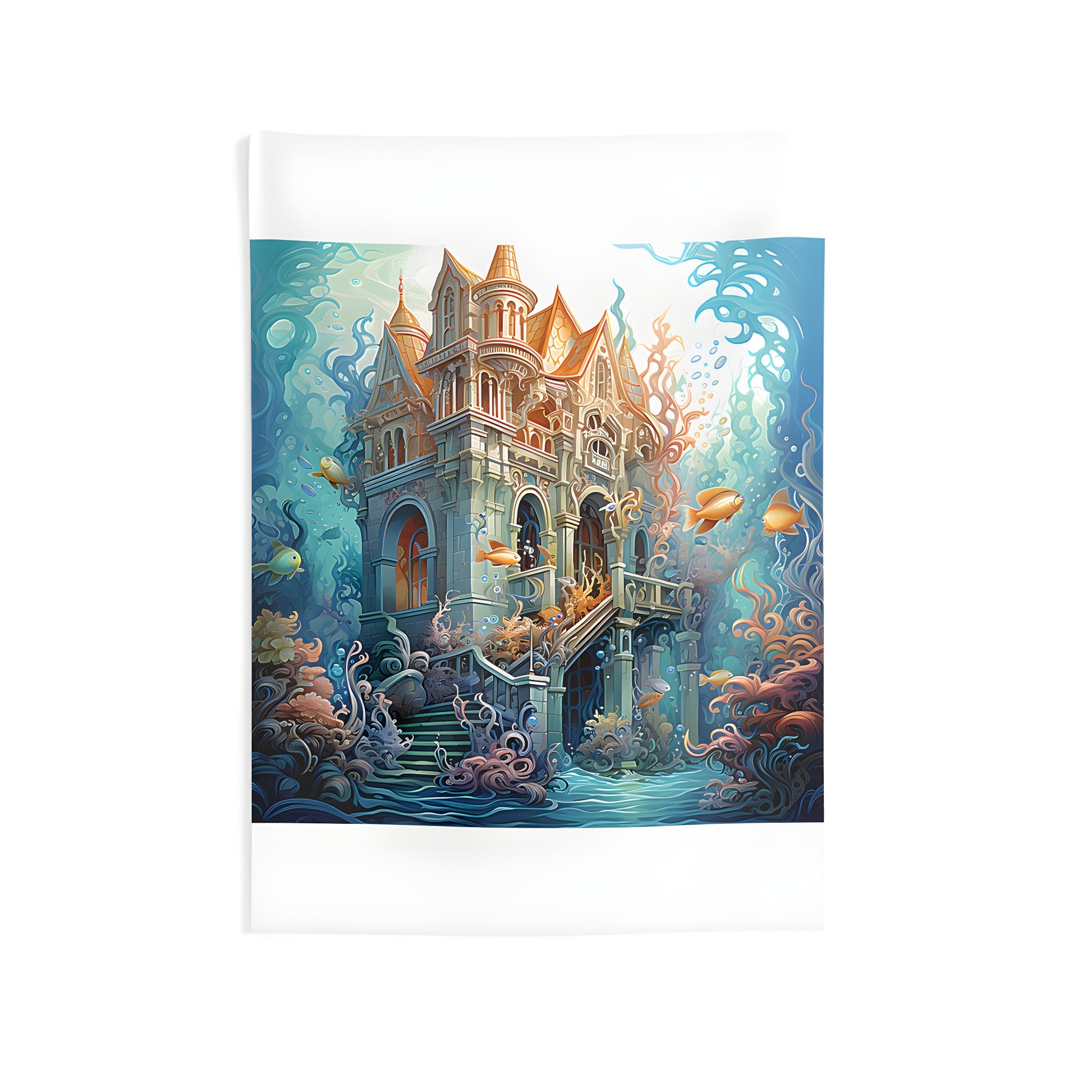 Colorful Indoor Wall Tapestry with Enchanted Underwater Castle Scene