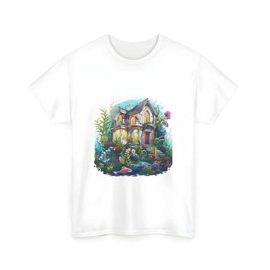 Colorful Unisex T-shirt featuring an elaborate underwater house and vibrant marine life