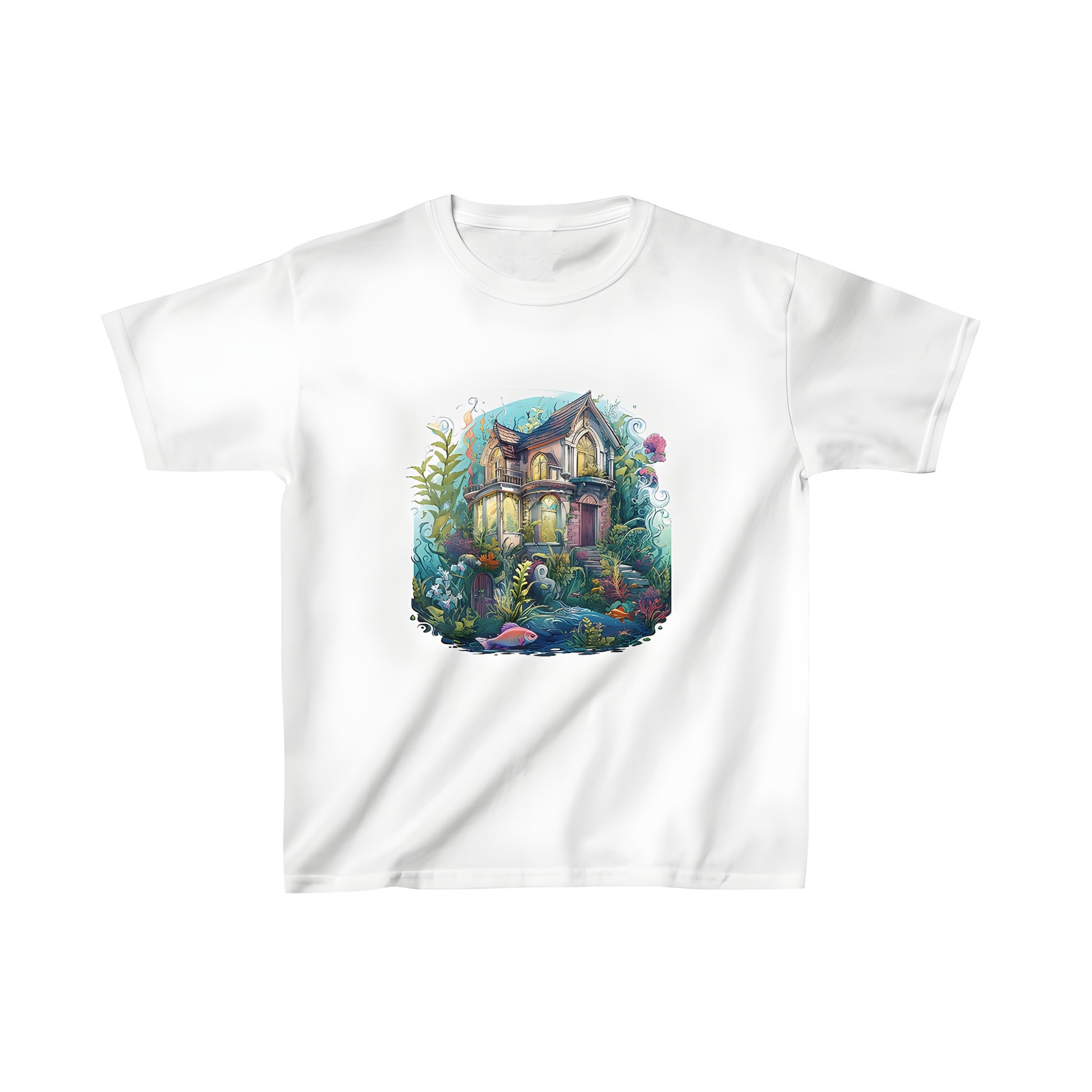 Colorful kids t-shirt featuring an underwater fantasy scene of a house surrounded by marine plants and fish