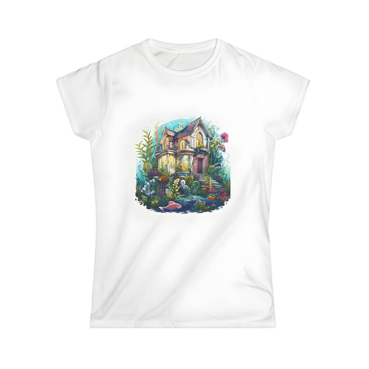 Colorful Women's t-shirt featuring an elaborate underwater house with vibrant marine plants and colorful fish in a magical fantasy scene.