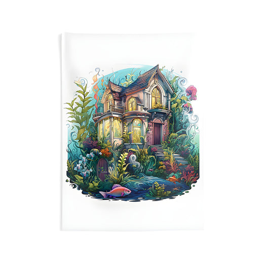 Colorful underwater house wall tapestry with vibrant marine plants and magical fantasy scene design