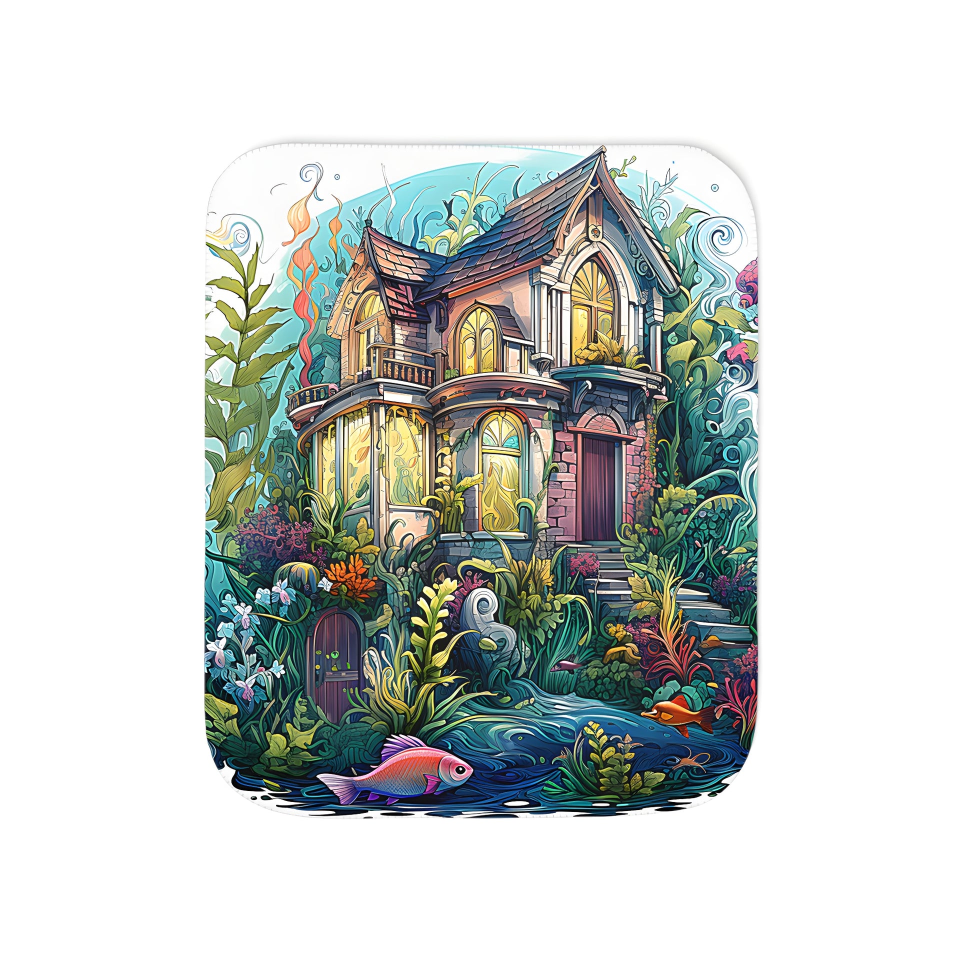 A colorful blanket with an elaborate underwater house design, surrounded by vibrant marine plants and magical fantasy creatures.