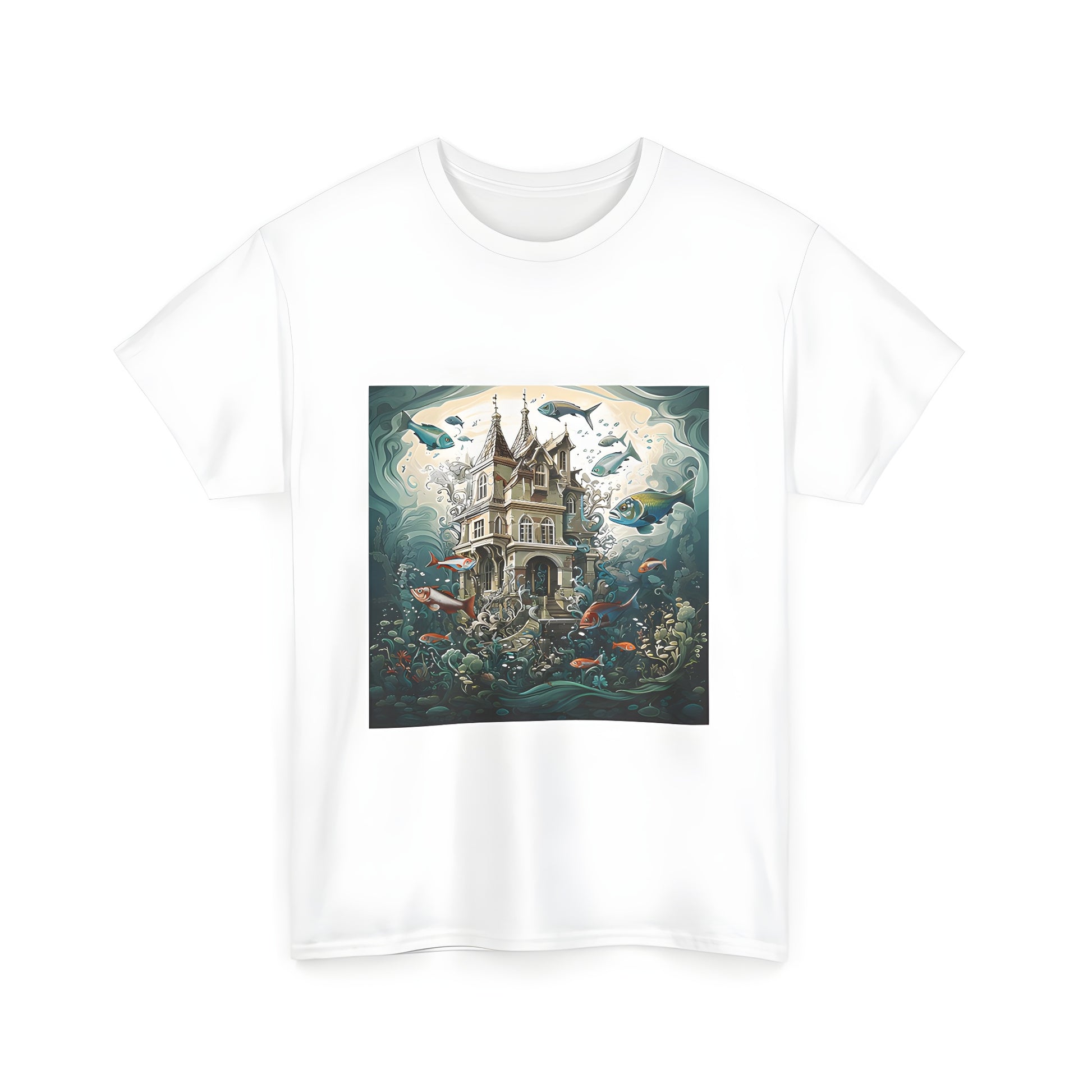 Colorful illustration of a Victorian house submerged underwater with fish and aquatic plants surrounding it on a unisex graphic t-shirt