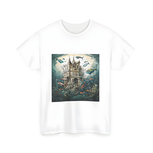 Colorful illustration of a Victorian house submerged underwater with fish and aquatic plants surrounding it on a unisex graphic t-shirt