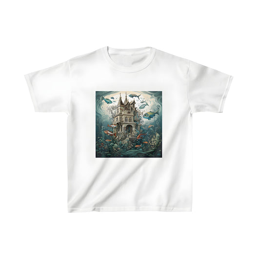 A vibrant Kid's T-shirt featuring an imaginative illustration of a Victorian house submerged underwater, surrounded by playful fish and lush aquatic plants, perfect for kids who love the ocean