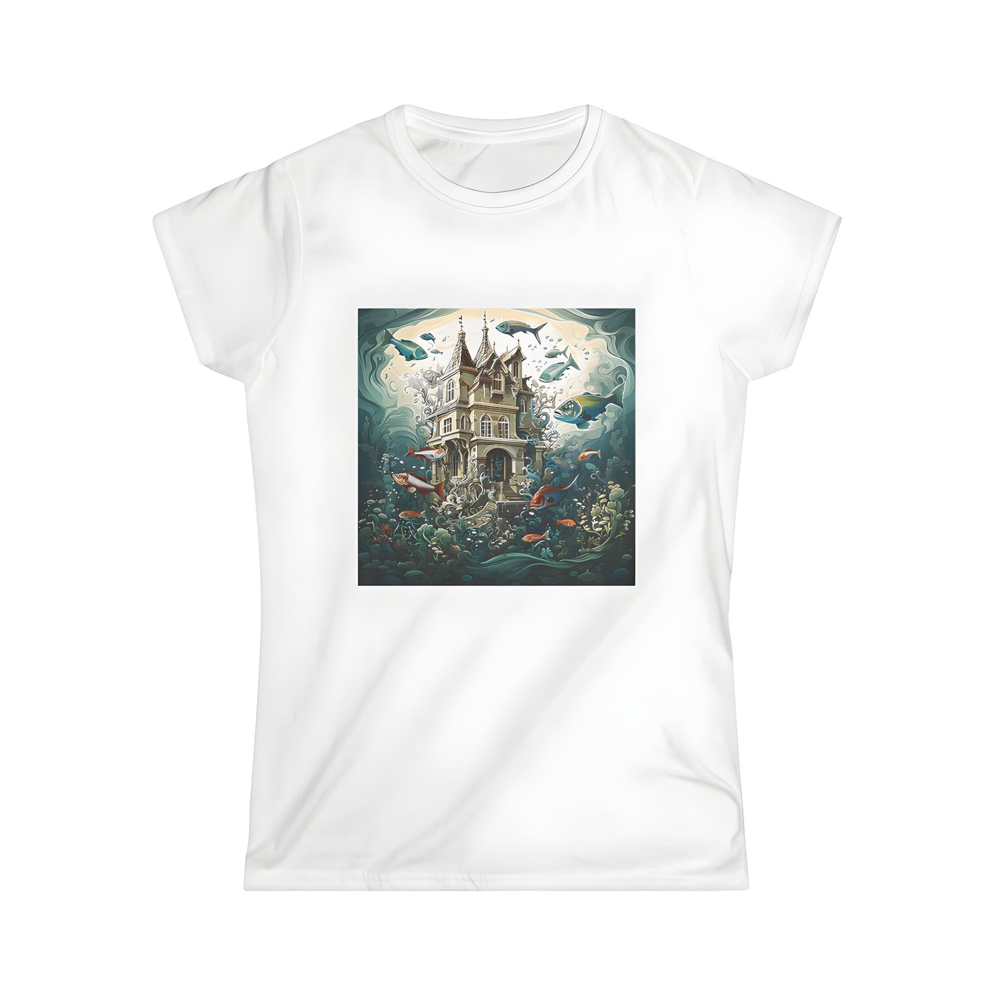 Women's colorful t-shirt featuring an artistic illustration of a Victorian house surrounded by fish and aquatic plants in the ocean