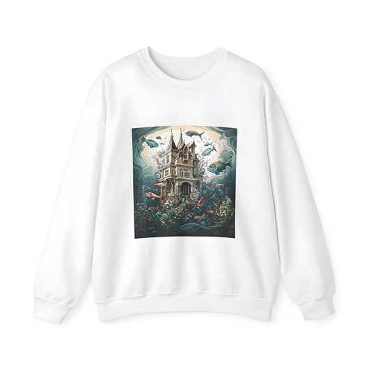 Adult sweatshirt with an enchanting Victorian house submerged underwater surrounded by vibrant fish and lush aquatic plants. Features intricate details of the underwater scene on a cozy adult sweatshirt.