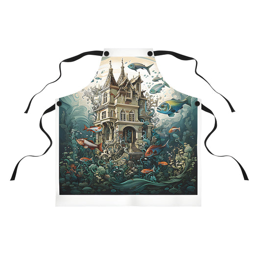 Apron featuring an illustrated Victorian house surrounded by ocean scene