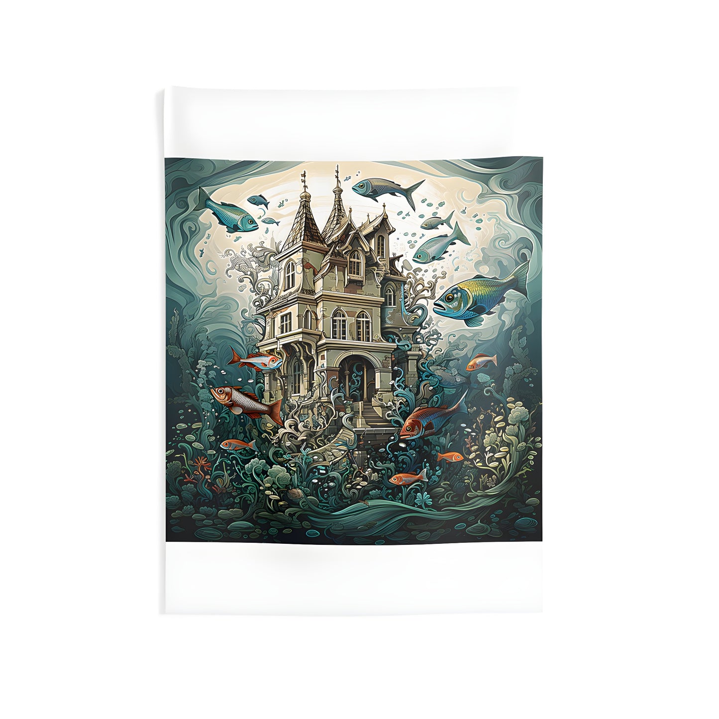 Colored Illustration of an Indoor Wall Hanging depicting a Victorian house submerged underwater surrounded by aquatic life.