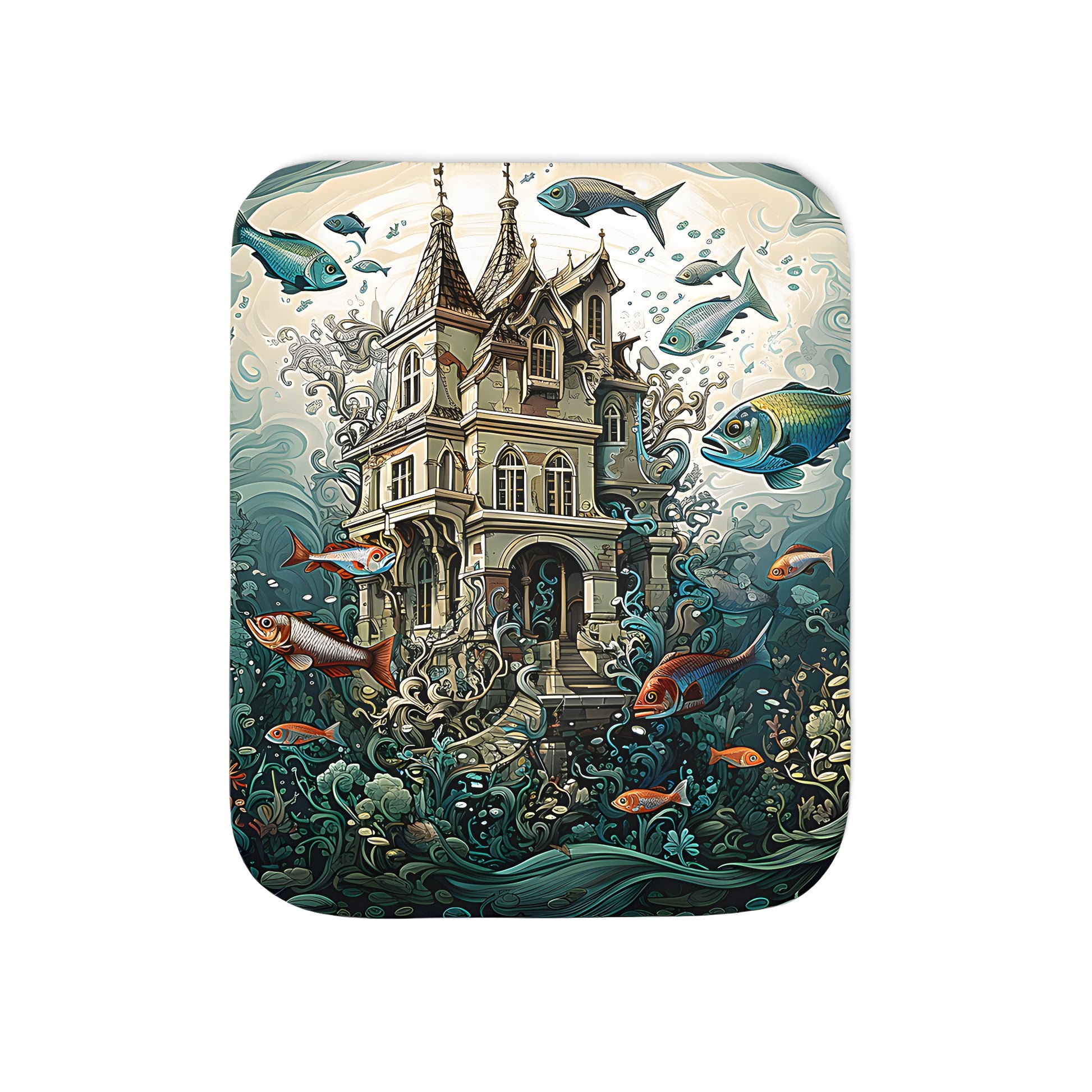 Cozy blanket featuring an enchanting illustration of an underwater Victorian house with vibrant fish and aquatic plants