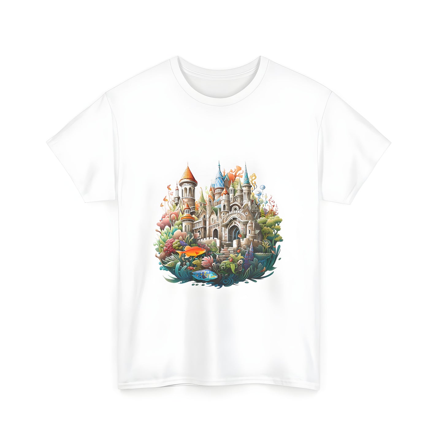 Unisex T-shirt with enchanting castle design surrounded by colorful underwater plants and fish