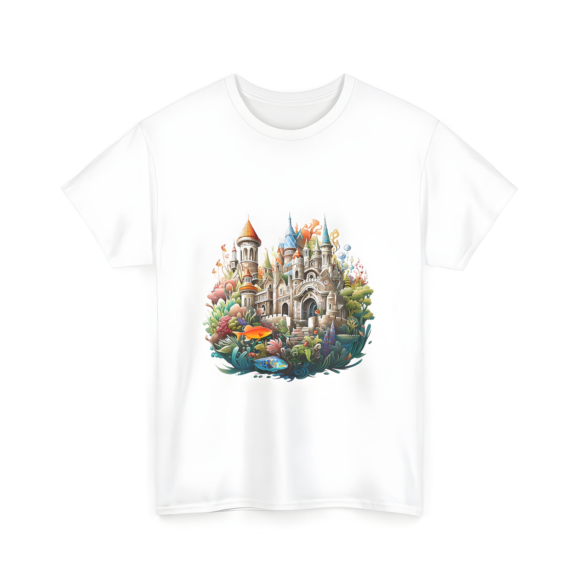 Unisex T-shirt with enchanting castle design surrounded by colorful underwater plants and fish