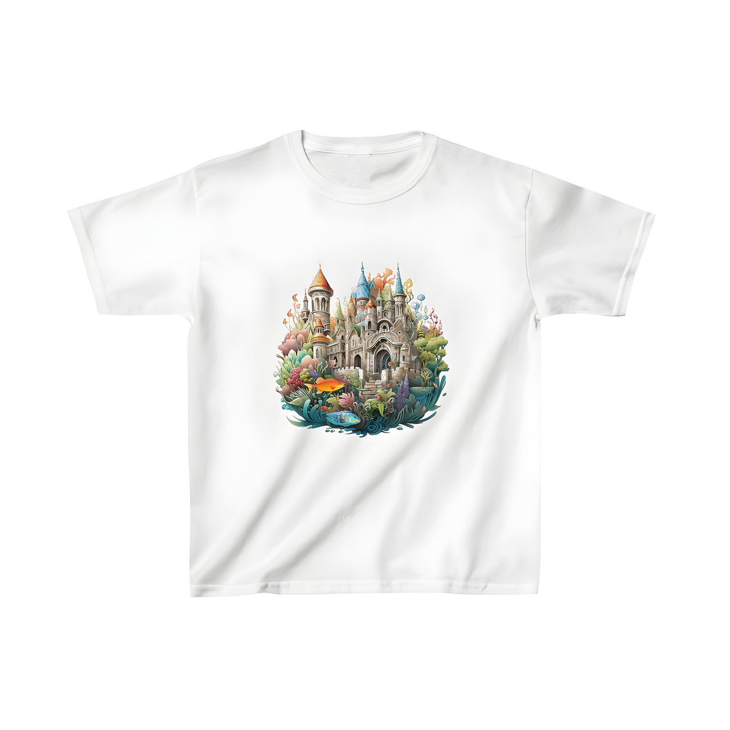 A child wearing a colorful tee shirt featuring an underwater fantasy castle scene with whimsical architecture and vibrant colors.