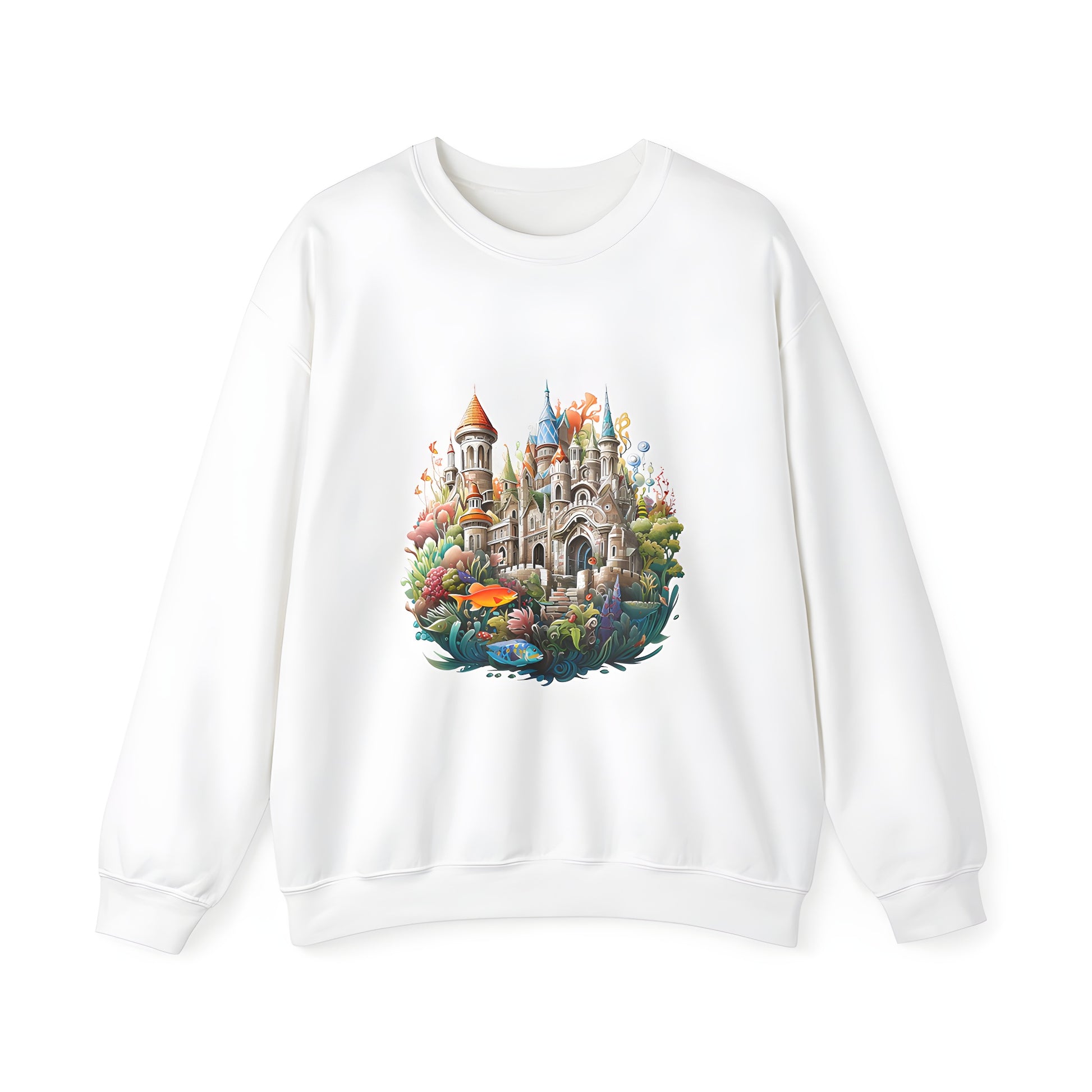 Adult sweatshirt with fantasy castle design, colorful underwater plants and fish