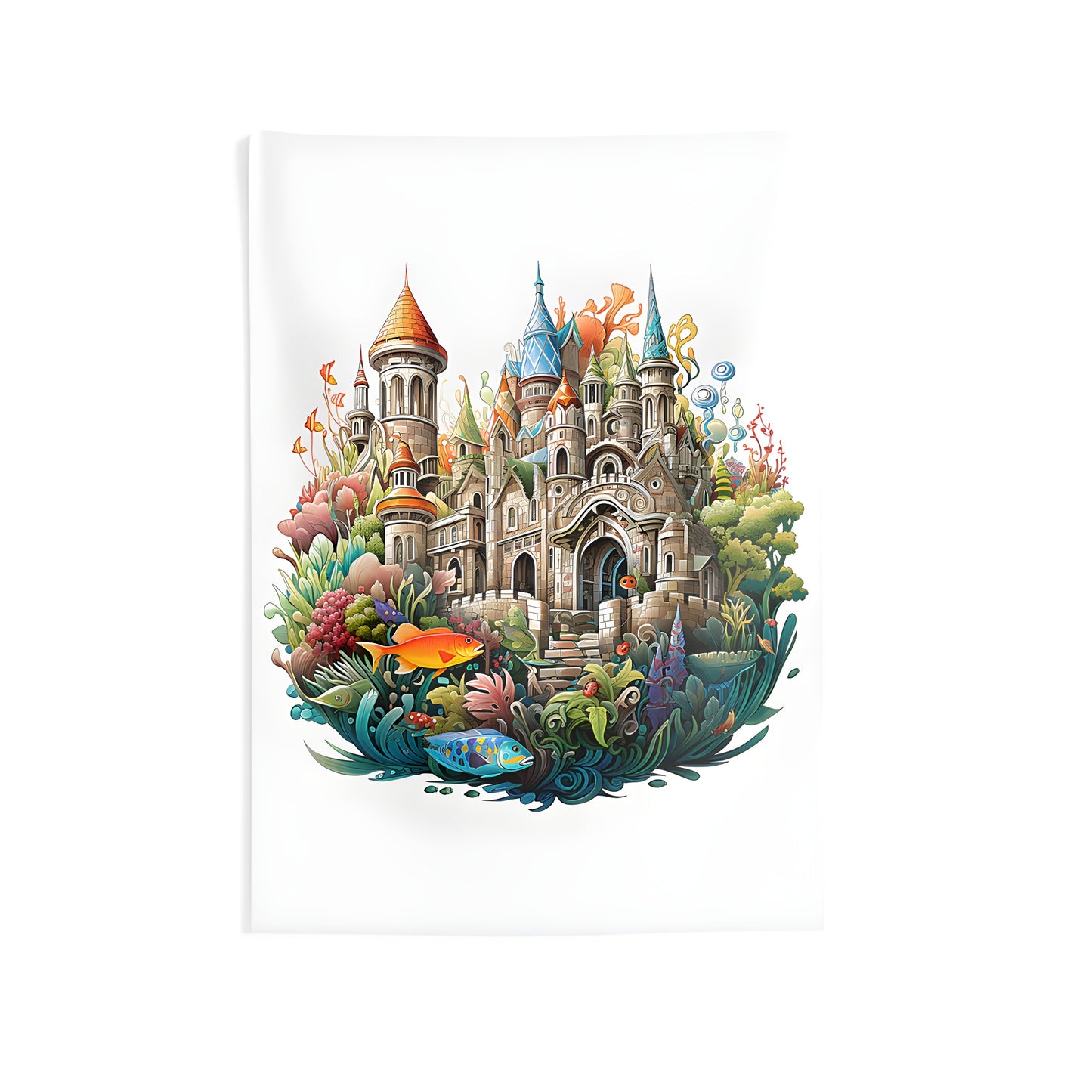 Indoor wall tapestry of a medieval fantasy castle surrounded by underwater plants and colorful fish