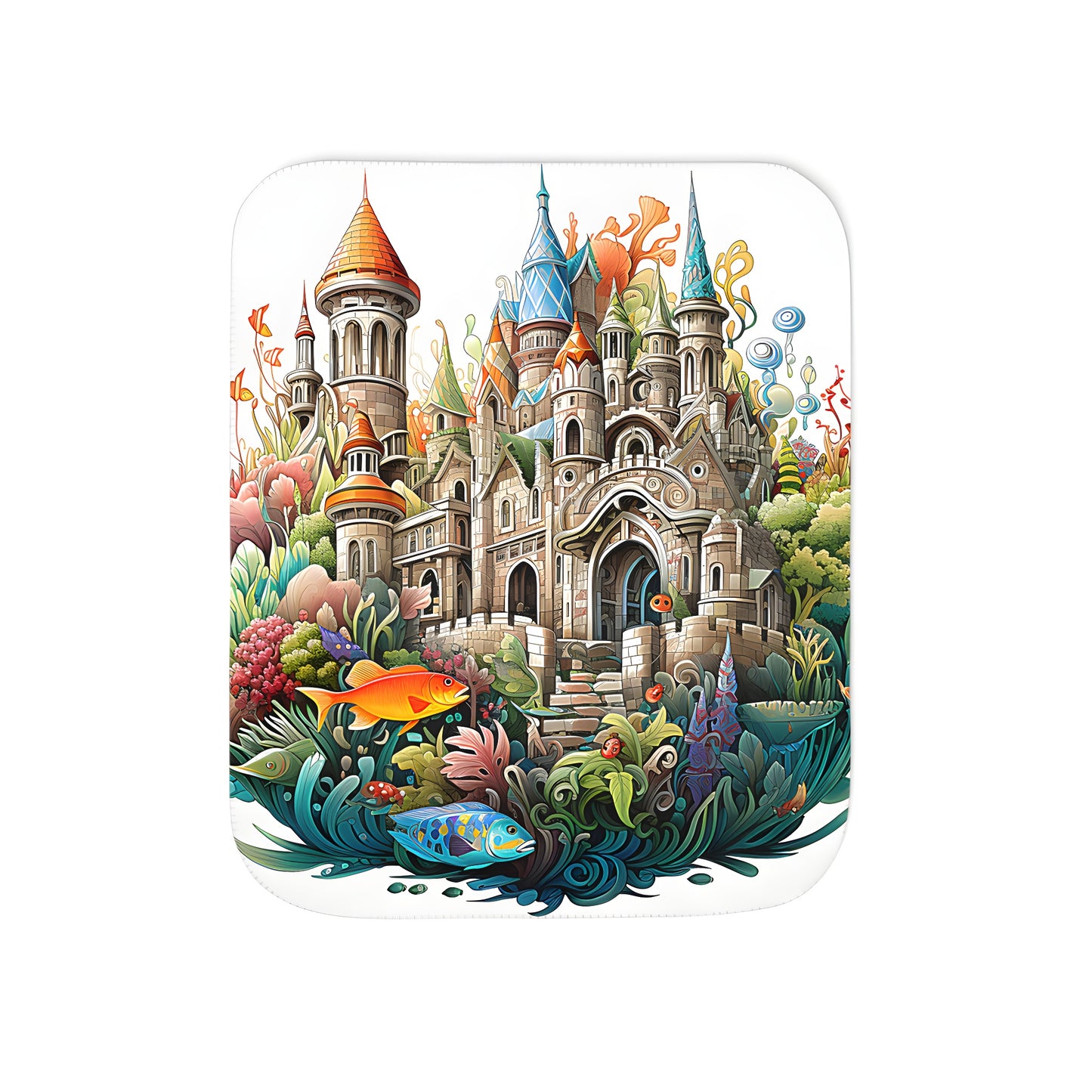 Cozy blanket with castle design inspired by medieval architecture surrounded by underwater plants and colorful fish