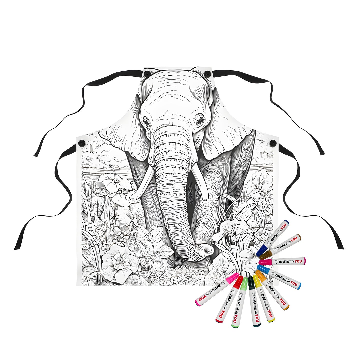 Coloring apron of a detailed elephant set in nature surrounded by flowers and trees