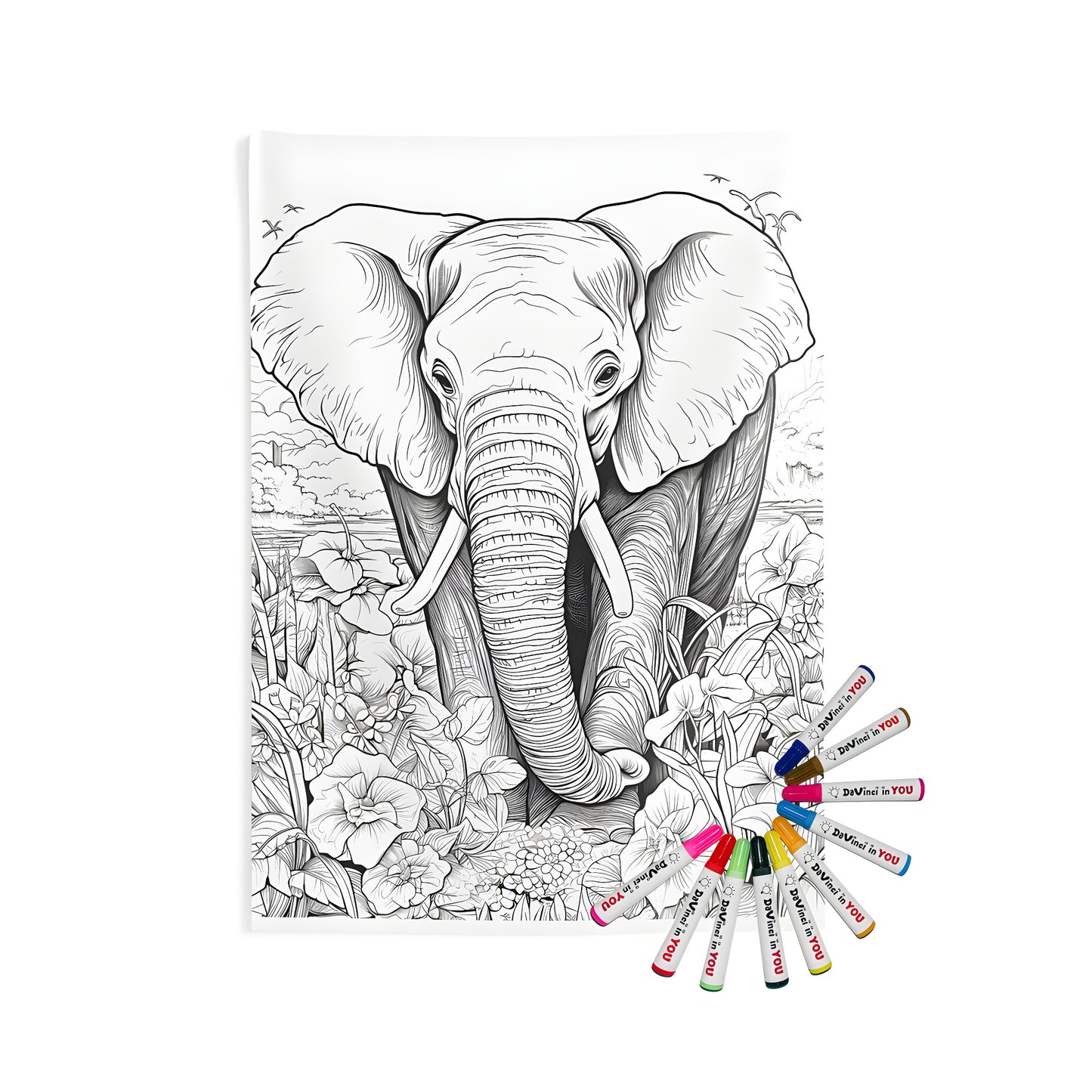 Detailed elephant coloring page set in nature wall tapestry with fabric markers