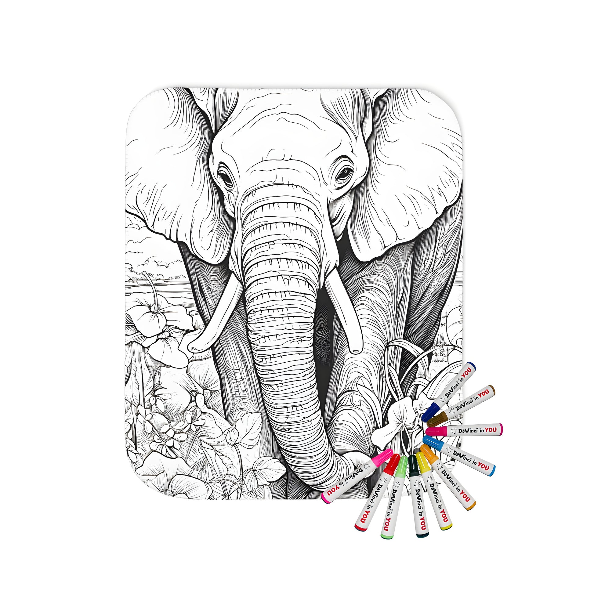 Detailed elephant coloring page blanket with nature scene, surrounded by flowers and trees with birds in background. Soft fabric markers included.