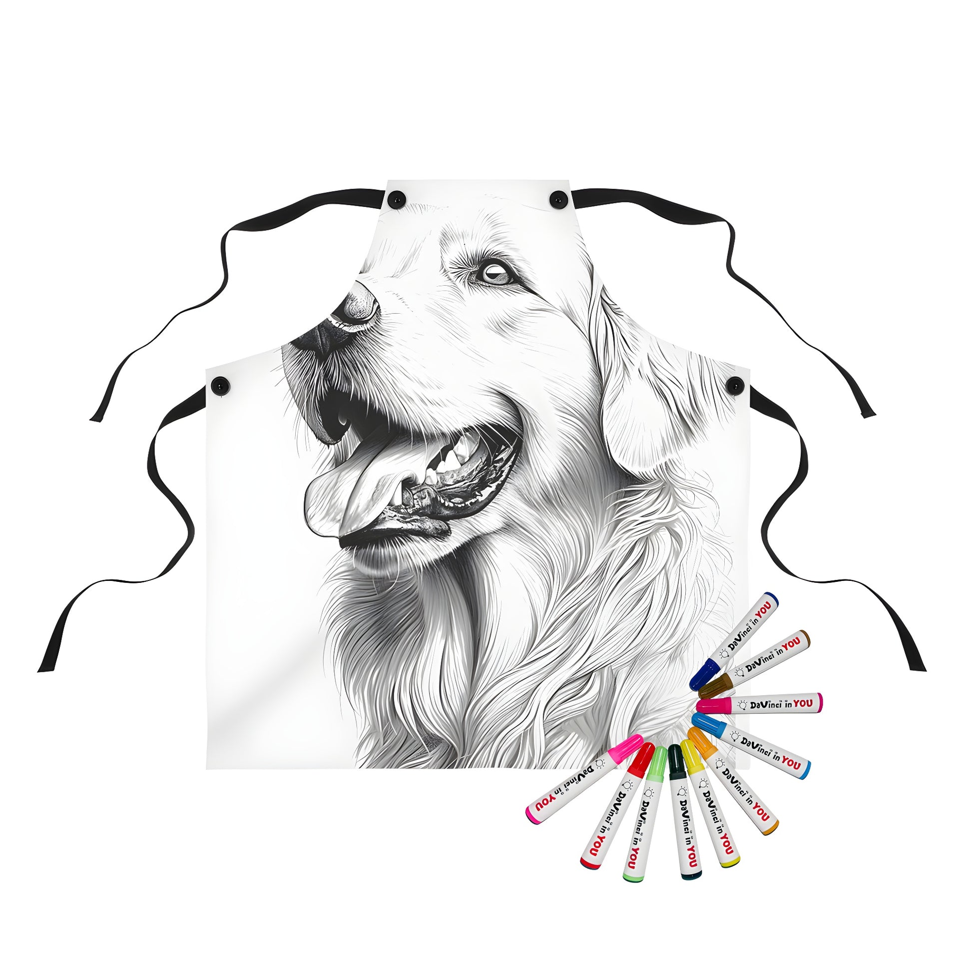 Detailed black-and-white drawing of a golden retriever dog illustration on an apron, perfect for coloring and hobby enthusiasts