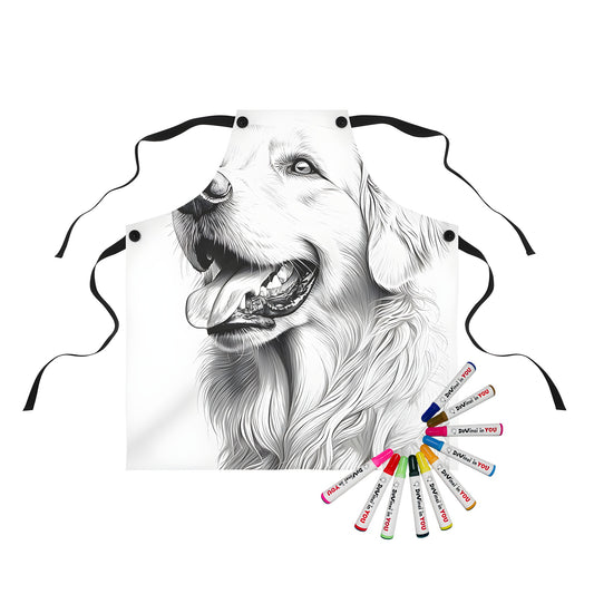 Detailed black-and-white drawing of a golden retriever dog illustration on an apron, perfect for coloring and hobby enthusiasts