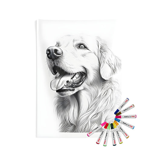 Golden Retriever wall tapestry, dog decor, indoor home decoration, black-and-white drawing art, colorable fabric painting kit with markers