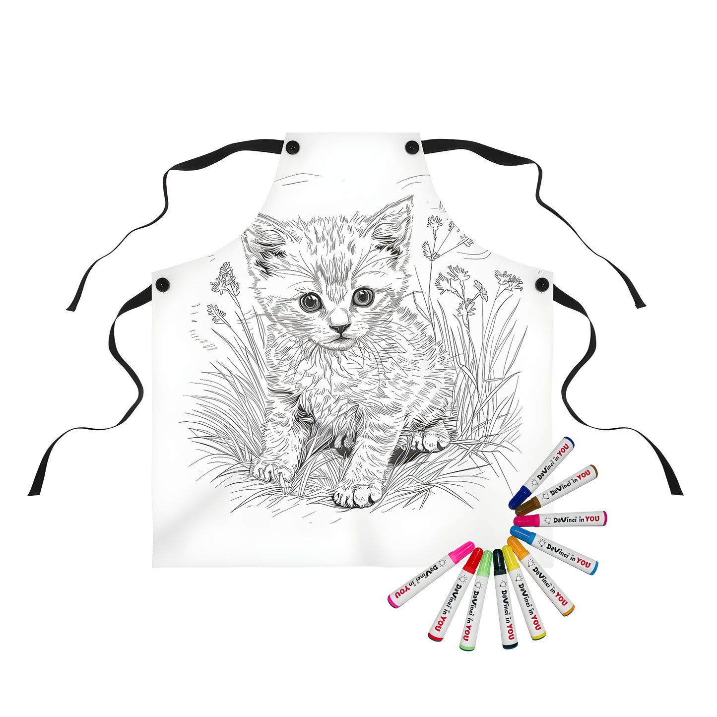 Apron featuring a fun coloring page design of a cute kitten or kitty cat sitting in grass with colorful flowers