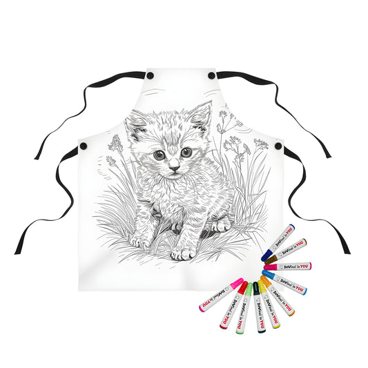 Apron featuring a fun coloring page design of a cute kitten or kitty cat sitting in grass with colorful flowers