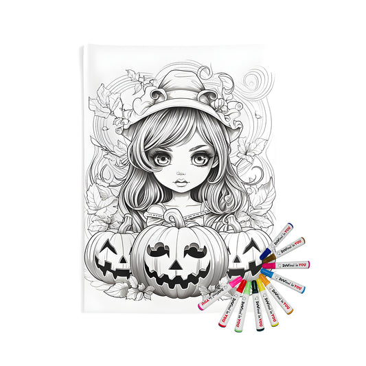 Indoor wall tapestries design featuring a young witch with long hair surrounded by jack-o-lanterns and autumn leaves. Perfect for Halloween decor