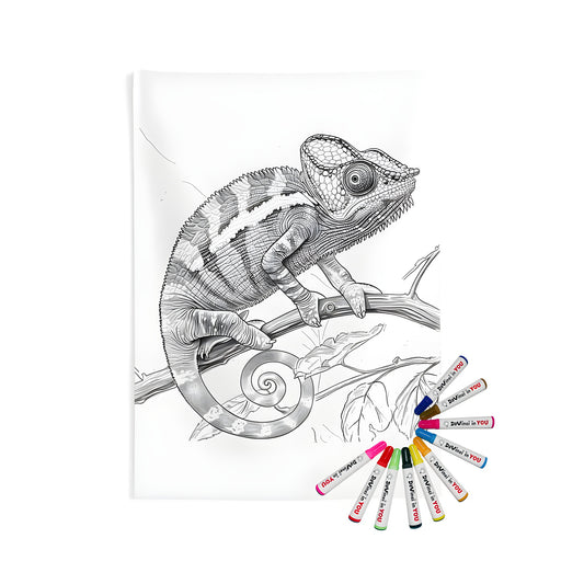 A detailed chameleon illustration printed on an indoor wall tapestry, perched on a branch with curled tail and textured body. Perfect for fans of reptiles, wildlife enthusiasts, or those who love tropical colors.