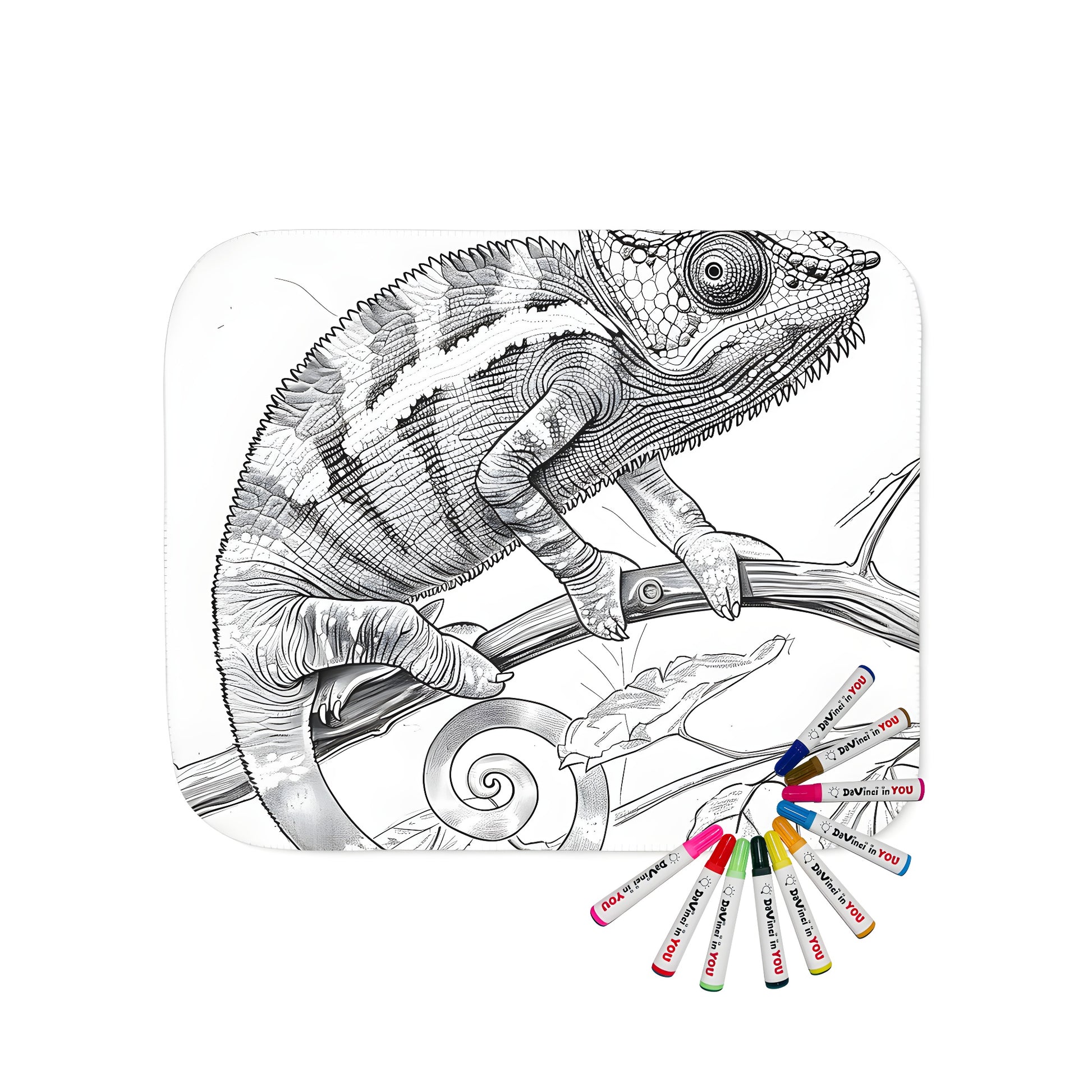 Cozy blanket featuring a detailed illustration of a chameleon in black and white, perched on a branch with curled tail and textured body. Perfect for a fun and colorful bedroom decor.