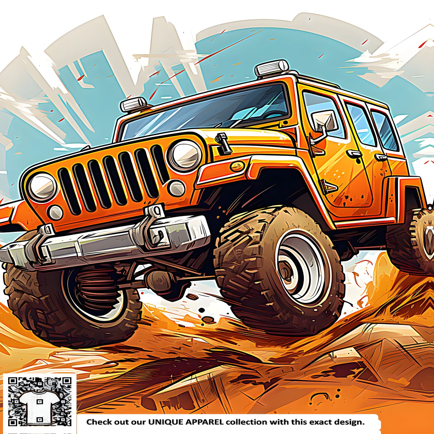 Off-road vehicle, rugged terrain, desert landscape, colorful car design