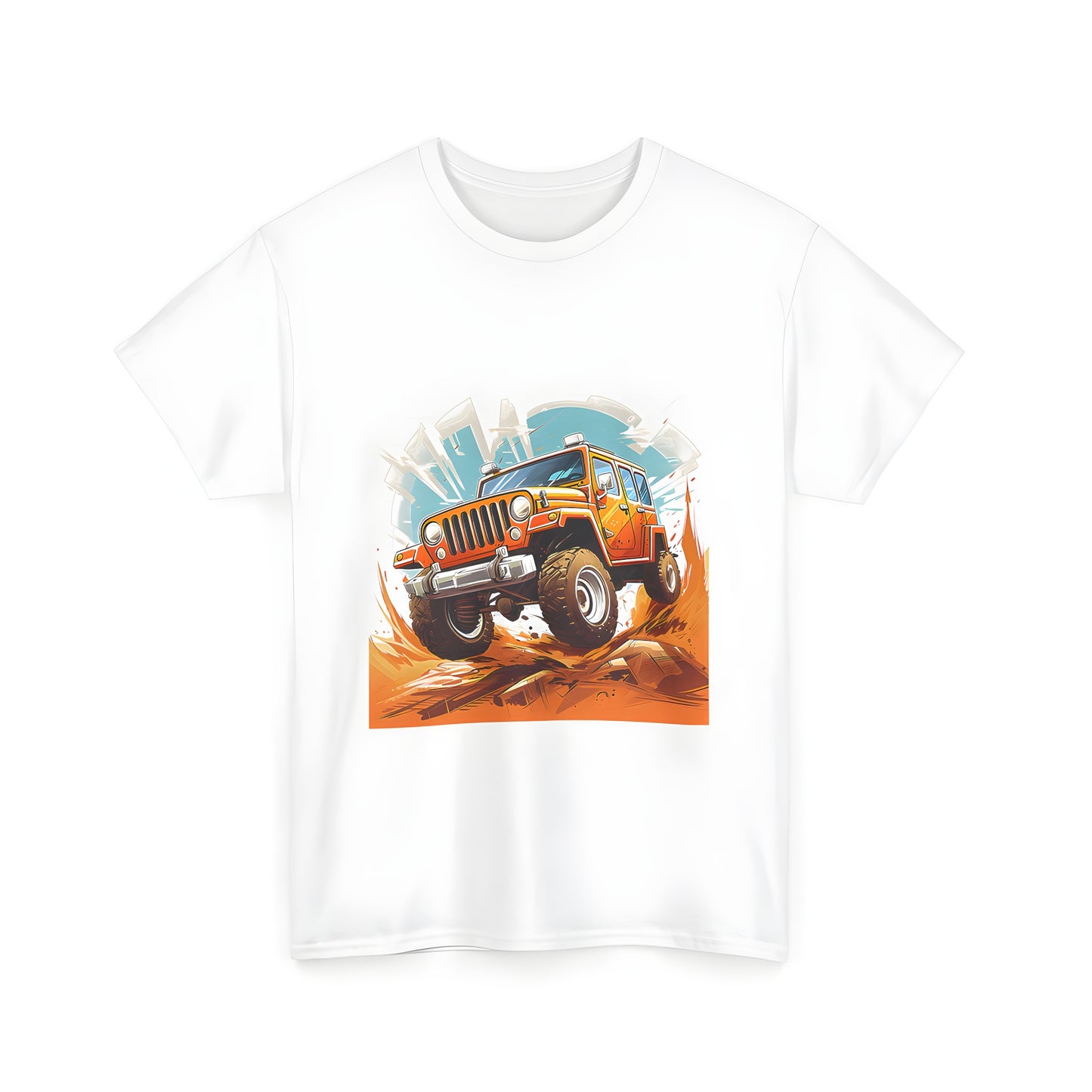 Colorful unisex t-shirt featuring a dynamic illustration of an off-road vehicle, such as a 4x4 truck or buggy, driving through rugged terrain with a cityscape in the background