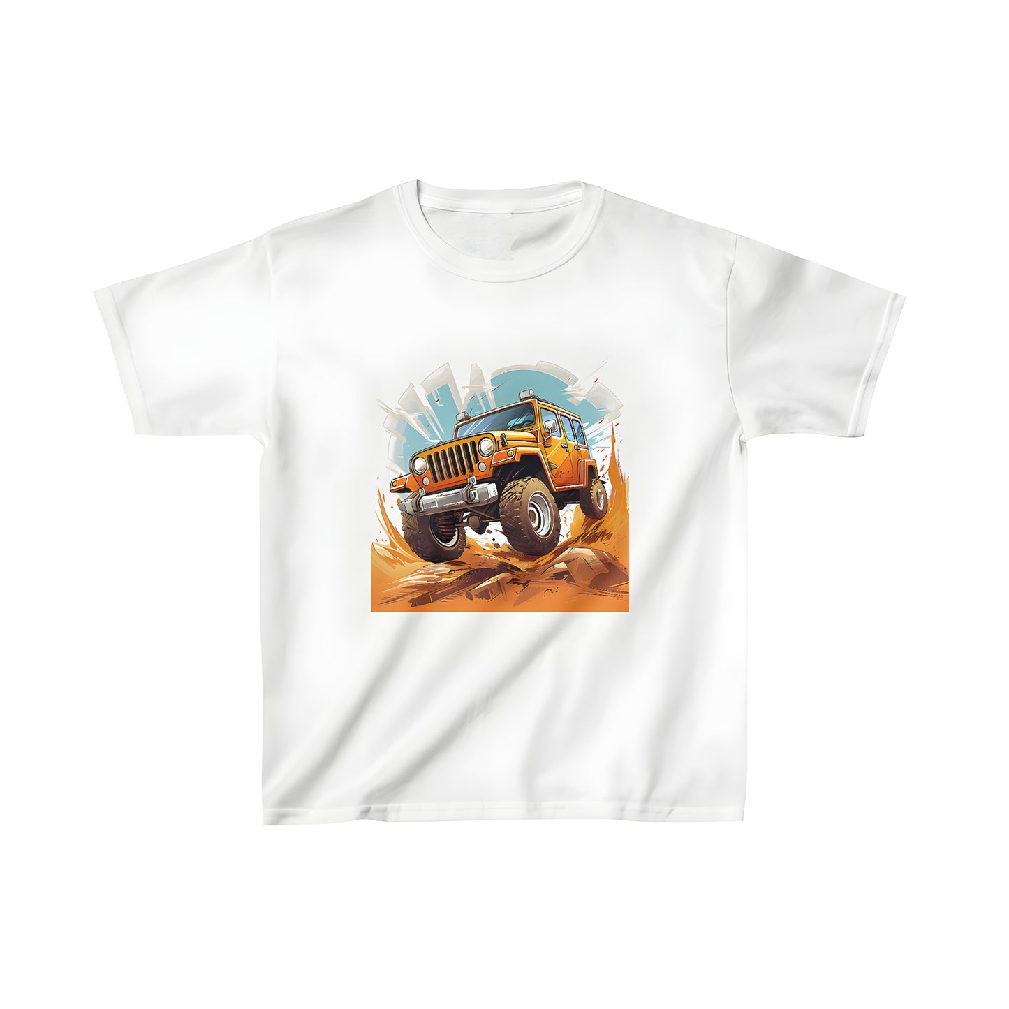 Colorful kid's t-shirt featuring a dynamic bright orange Willys CJ-2A Jeep alternative like a Wrangler or Scout design driving through rugged terrain with a city silhouette in the background.