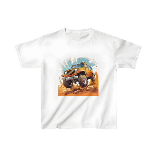 Colorful kid's t-shirt featuring a dynamic bright orange Willys CJ-2A Jeep alternative like a Wrangler or Scout design driving through rugged terrain with a city silhouette in the background.