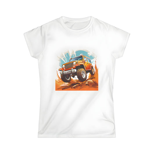 A vibrant women's t-shirt featuring a dynamic image of a truck, SUV or off-road vehicle (also known as an automobile) depicted driving through rugged terrain