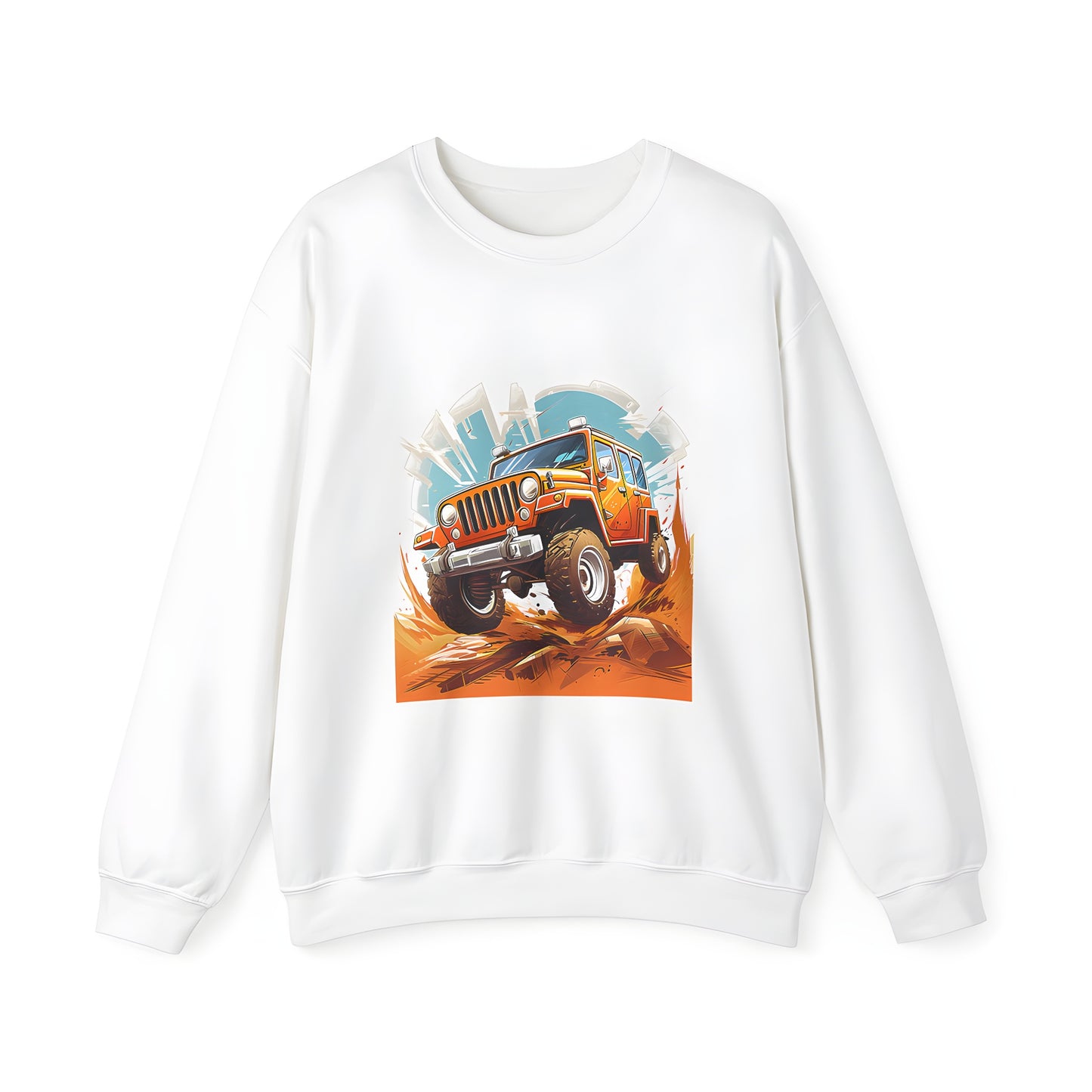 Adult Sweatshirt with a vibrant and dynamic design of a Wrangler-style off-road vehicle driving through rough terrain with a cityscape in the background