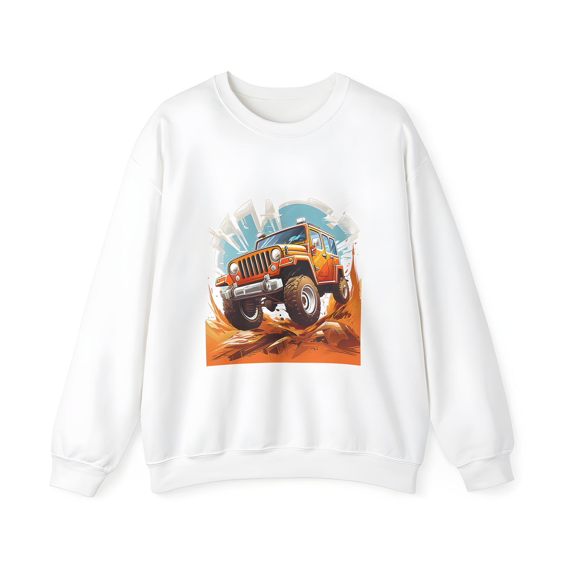 Adult Sweatshirt with a vibrant and dynamic design of a Wrangler-style off-road vehicle driving through rough terrain with a cityscape in the background