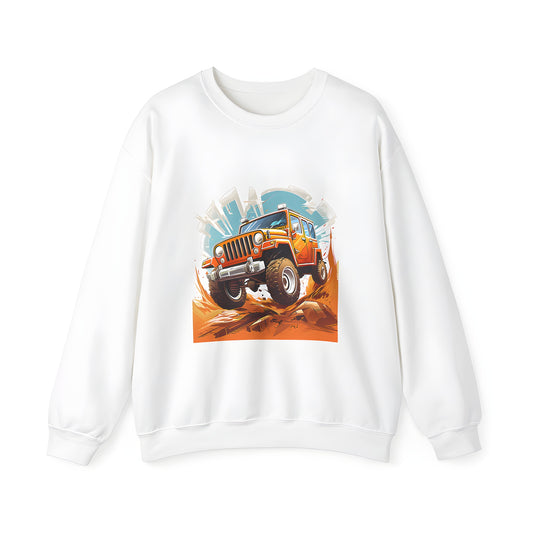 Adult Sweatshirt with a vibrant and dynamic design of a Wrangler-style off-road vehicle driving through rough terrain with a cityscape in the background