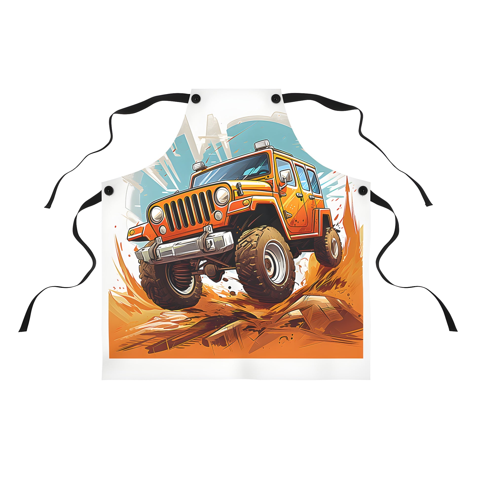 Colorful apron with a vehicle design, resembling a rugged off-road Willys, Cherokee, or Land Rover driving through desert terrain