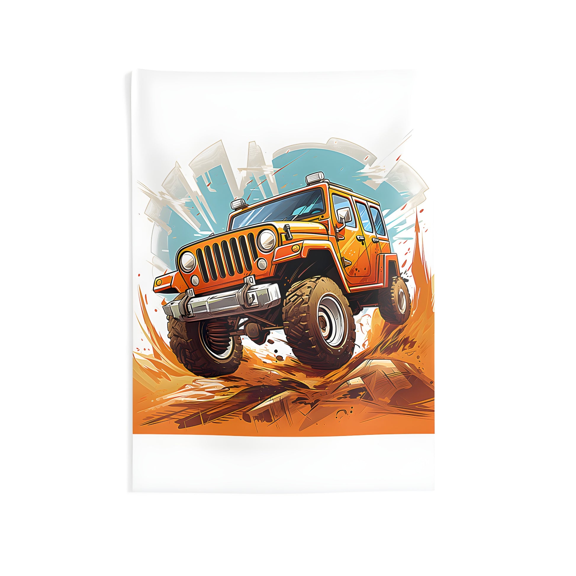Colorful indoor wall tapestry featuring a vibrant 4x4 vehicle driving through rugged terrain with a cityscape in the background. Similar designs include SUVs and Land Rovers.