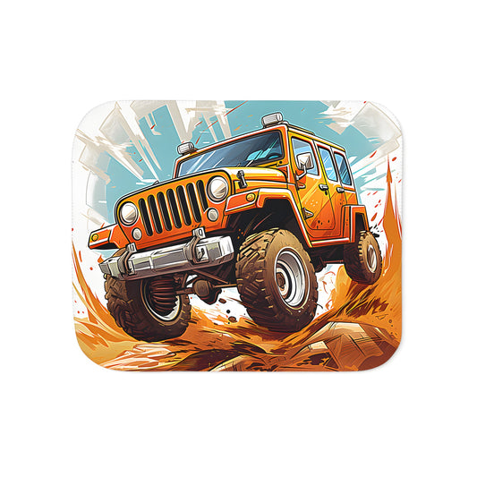 Cozy blanket featuring a vibrant and dynamic design of a bright orange 4x4 truck or off-road vehicle driving through rugged terrain with a city skyline in the background