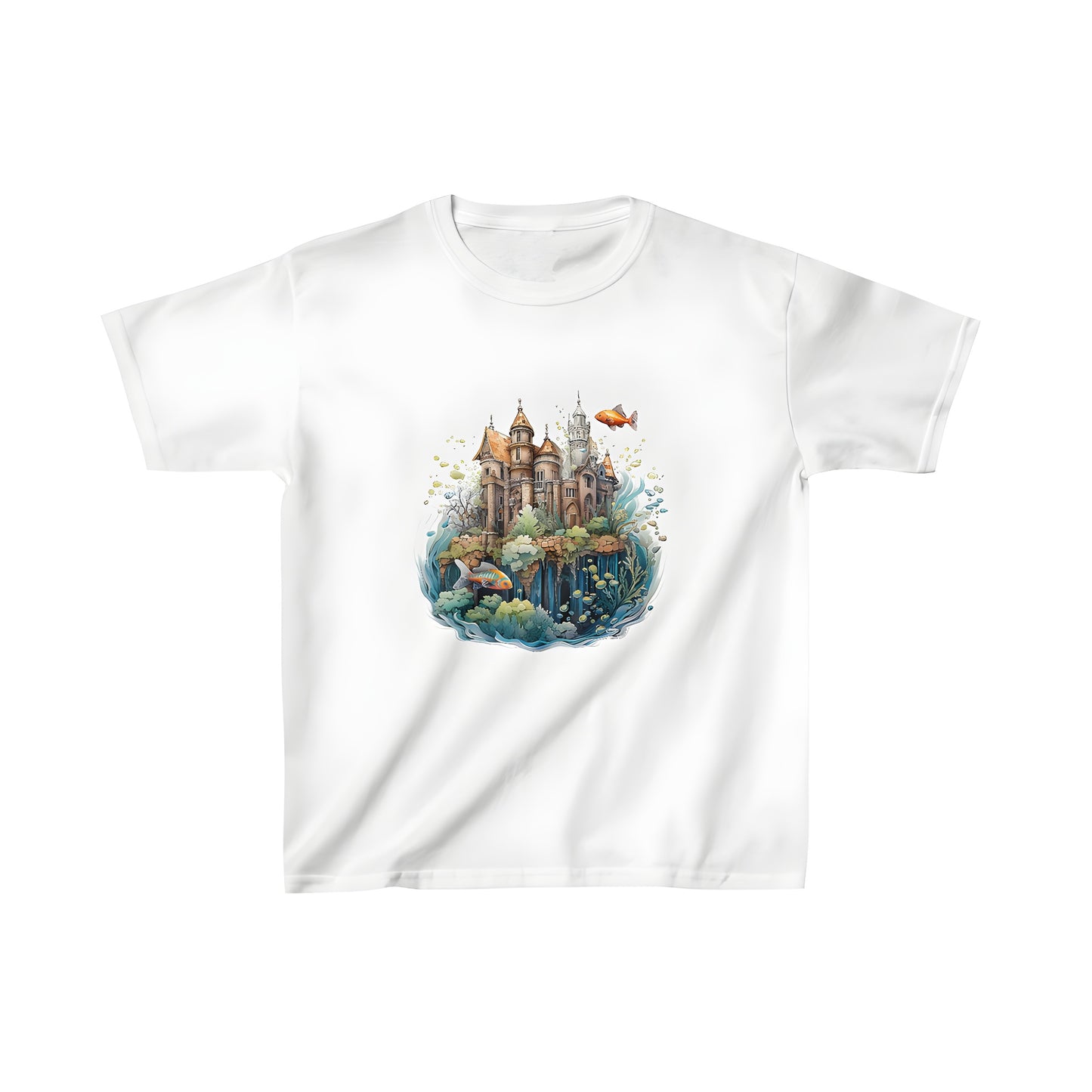 Colorful kid's t-shirt featuring an imaginative underwater scene with a majestic castle, vibrant fish, and playful corals in a whimsical ocean setting.