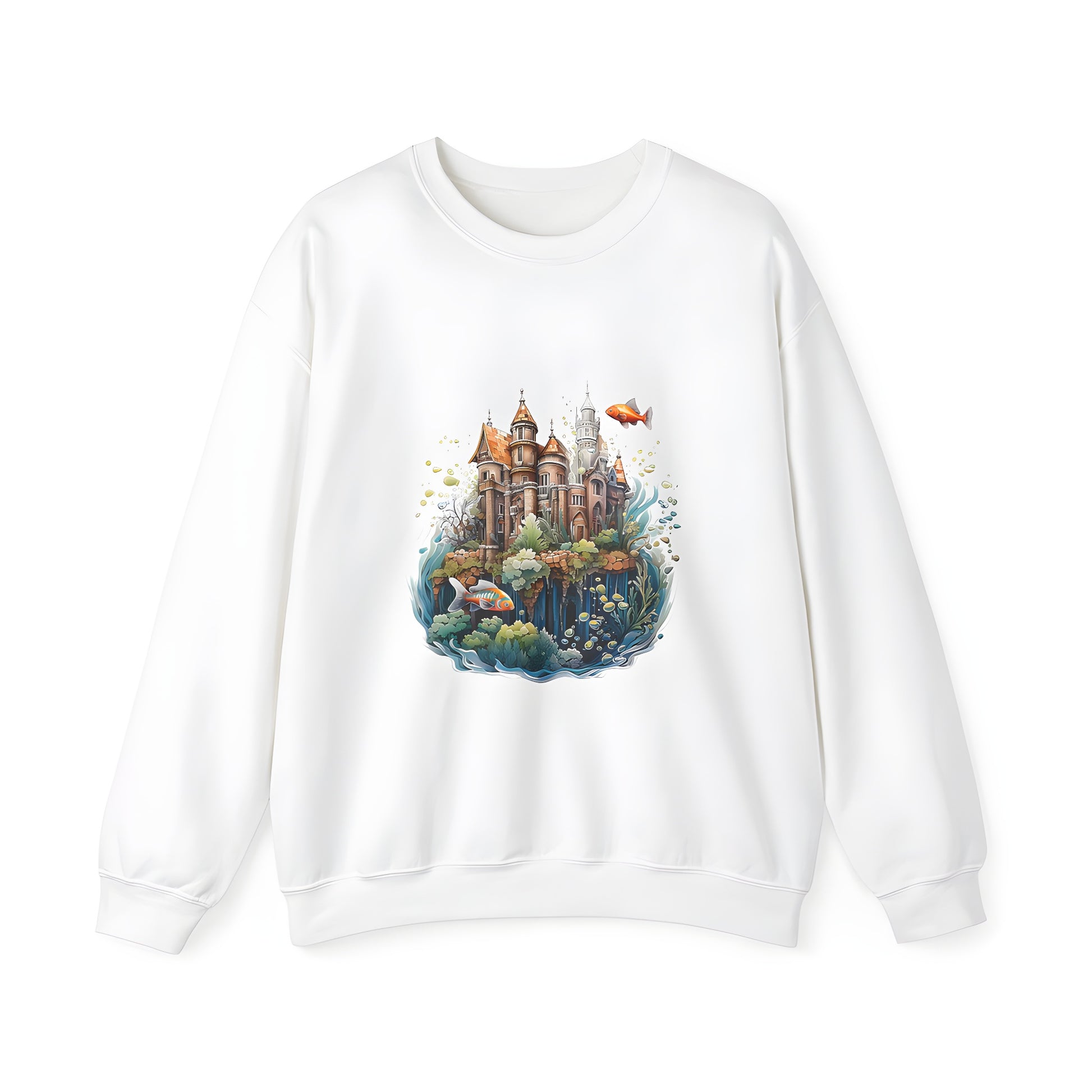 Adult sweatshirt featuring a colorful underwater kingdom scene with fantastical architecture surrounded by vibrant fish and coral