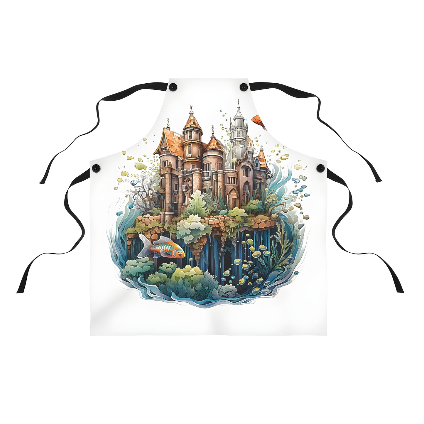 Colorful apron with underwater castle design featuring fish, corals, and bubbles in a vibrant ocean setting.