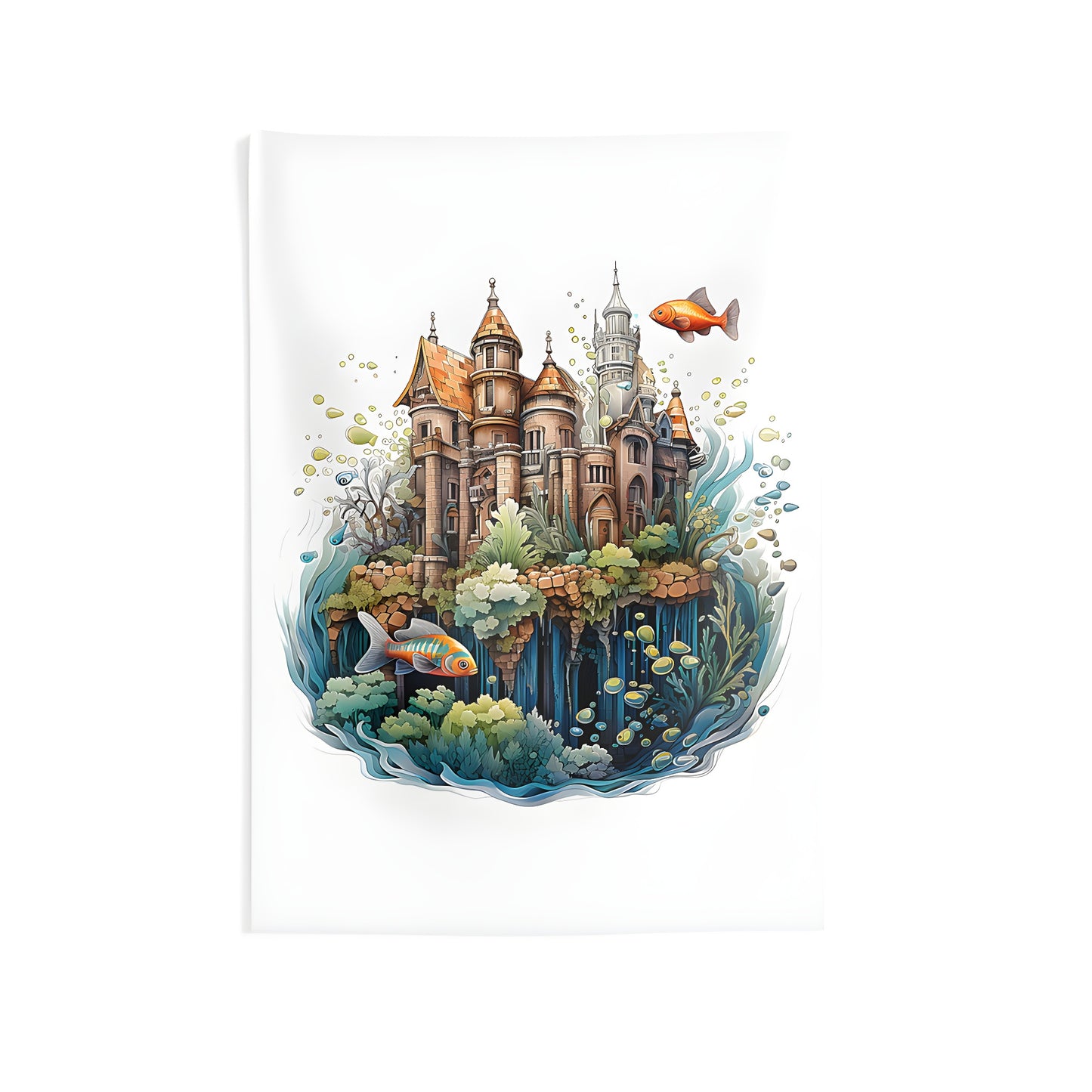 Colorful underwater scene of a castle surrounded by fish and coral in a vibrant ocean setting. Perfect indoor wall tapestry for a coastal home decor.